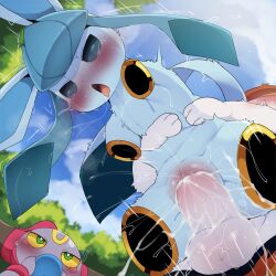 Rule 34 | 1girl, 2boys, amputee, blue eyes, blue sky, blush, cinderace, cloud, creatures (company), dagashi (daga2626), day, game freak, gen 4 pokemon, gen 6 pokemon, gen 8 pokemon, glaceon, highres, hoopa, legendary pokemon, looking at another, motion lines, multiple boys, mythical pokemon, nintendo, outdoors, penis, pokemon, pokemon (creature), pussy, sex, sky, tears, testicles, tongue, tongue out, uncensored, vaginal