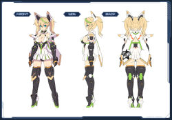 Rule 34 | 1girl, armor, armored boots, bare shoulders, bikini, bikini top only, black gloves, blonde hair, blue eyes, blush, boots, breasts, cape, character sheet, collar, collarbone, concept art, contrapposto, elbow gloves, eyebrows, eyelashes, gauntlets, gene (pso2), gloves, hair between eyes, hair ornament, headgear, large breasts, looking at viewer, microskirt, multicolored hair, multiple views, panties, pantyshot, phantasy star, phantasy star online 2, pleated skirt, skirt, standing, strap, streaked hair, swimsuit, thigh boots, thighhighs, thighs, turnaround, twintails, underwear, white background