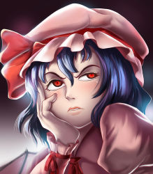 Rule 34 | 1girl, ascot, bat wings, blue hair, bored, hand on own face, haryudanto, hat, lipstick, looking up, makeup, raised eyebrow, red eyes, remilia scarlet, ribbon, solo, tasselcat, touhou, wings, wristband
