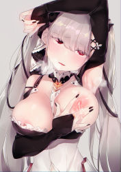 Rule 34 | 1girl, absurdres, ahegao, alicecrazy, areola slip, arm up, armpits, azur lane, bare shoulders, black nails, blush, breasts, cleavage, eyes visible through hair, formidable (azur lane), grey background, grey hair, head tilt, highres, lactation, large breasts, long hair, nail polish, nipples, red eyes, simple background, solo, twintails, very long hair