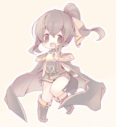 Rule 34 | 1girl, bad id, bad pixiv id, bare shoulders, belt, blush, boots, bow, bracelet, cape, chibi, delthea (fire emblem), fang, fire emblem, fire emblem echoes: shadows of valentia, jewelry, nintendo, open mouth, simple background, solo, teu (navy), yellow background