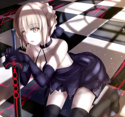 Rule 34 | 1girl, artoria pendragon (all), artoria pendragon (fate), bare shoulders, black thighhighs, breasts, choker, cleavage, elbow gloves, excalibur morgan (fate), fate/grand order, fate/stay night, fate (series), gloves, kneeling, pale skin, saber (fate), saber alter, solo, thighhighs, xyomouse, yellow eyes