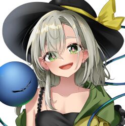 Rule 34 | 1girl, aliz wp514lov, black camisole, black hat, blush, camisole, collarbone, earrings, green eyes, green sailor collar, grey hair, hat, head tilt, highres, jewelry, komeiji koishi, looking at viewer, medium hair, open clothes, open shirt, sailor collar, shirt, simple background, smile, solo, stud earrings, sun hat, third eye, touhou, upper body, white background, yellow shirt