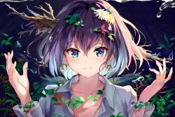 Rule 34 | 1girl, absurdres, animal, blue eyes, blue hair, blush, closed mouth, collared shirt, commentary request, dress shirt, earrings, fish, flower, hair between eyes, hair flower, hair ornament, hands up, highres, jewelry, long sleeves, maeshimashi, multicolored hair, open clothes, open shirt, original, plant, purple hair, shirt, smile, solo, two-tone hair, upper body, water, white flower, white shirt, yellow flower