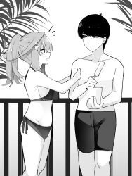 Rule 34 | 1boy, 1girl, :|, antenna hair, arm hug, bikini, black hair, blush, breasts, closed mouth, commentary, cowboy shot, cup, curvy, eyebrows hidden by hair, fence, food, frown, go-toubun no hanayome, hair ornament, highres, holding, holding cup, holding food, holding ice cream, ice cream, large breasts, long hair, looking at another, looking to the side, male swimwear, mame1645, monochrome, nakano itsuki, notice lines, open mouth, ponytail, popsicle, profile, short hair, side-tie bikini bottom, sideboob, sidelocks, simple background, smile, standing, star (symbol), star hair ornament, sweatdrop, swept bangs, swim trunks, swimsuit, uesugi fuutarou, white background