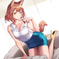 Rule 34 | 1girl, animal ears, armchair, bare shoulders, black bra, blue skirt, bra, bra strap, breasts, brown hair, chair, cleavage, clothes pull, collared shirt, dog ears, green eyes, high heels, highres, kneeling, large breasts, looking at viewer, miniskirt, nr noir, office lady, open clothes, open shirt, original, parted lips, pencil skirt, shirt, shirt pull, shoes, short hair, skirt, sleeveless, sleeveless shirt, solo, thighs, unbuttoned, unbuttoned shirt, underwear, undressing, white shirt, yellow footwear