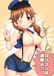 Rule 34 | !, !!, 10s, 1girl, ;), belt, blush, breasts, brown eyes, brown hair, cleavage, closed mouth, covered erect nipples, cowboy shot, crop top, cuffs, female focus, gluteal fold, handcuffs, hat, highres, holding, idolmaster, idolmaster cinderella girls, japanese text, katagiri sanae, large breasts, looking at viewer, navel, one eye closed, open clothes, panties, pantyshot, pasties, qm, skirt, smile, solo, standing, star (symbol), suspenders, text focus, translated, twintails, underwear