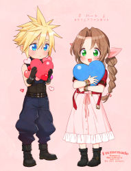 Rule 34 | 1boy, 1girl, aerith gainsborough, belt, blonde hair, blue eyes, boots, braid, brown hair, cloud strife, dress, final fantasy, final fantasy vii, final fantasy vii remake, full body, green eyes, heart, highres, krudears, open mouth, pink background, pink dress, ribbon, simple background, spiked hair, square enix, standing