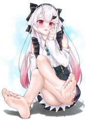 Rule 34 | 1girl, absurdres, barefoot, blush, chrochlomyl, crossed legs, feet, gradient hair, highres, hololive, horns, long hair, looking at viewer, multicolored hair, nakiri ayame, nakiri ayame (girly), open mouth, panties, pantyshot, red eyes, soles, toes, underwear, virtual youtuber, white hair