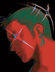 Rule 34 | 1boy, abstract, black background, earrings, from side, green hair, highres, jewelry, male focus, one piece, portrait, profile, roronoa zoro, short hair, sideburns, simple background, single earring, solo, yaoizhen
