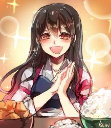 Rule 34 | 10s, 1girl, akagi (kancolle), bowl, brown eyes, brown hair, drooling, food, japanese clothes, kairi (kai ri), kantai collection, long hair, muneate, open mouth, own hands together, rice bowl, solo, sparkle, twitter username