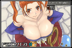 Rule 34 | 1girl, bare shoulders, breasts, cleavage, collarbone, dragon quest, dragon quest viii, dress, earrings, hands on own hips, jessica albert, jewelry, large breasts, looking at viewer, orange hair, skirt, smile, twintails