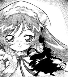 Rule 34 | 00s, 1girl, arukime, dress, greyscale, hat, long hair, monochrome, rozen maiden, silhouette, smile, solo, suiseiseki, very long hair, watering can