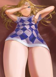 Rule 34 | argyle, argyle clothes, argyle sweater, blonde hair, blush, breasts, covered erect nipples, covering own eyes, cowboy shot, dress, green eyes, long hair, lying, medium breasts, on back, original, short sleeves, smtst, solo, sweater, sweater dress, thighs