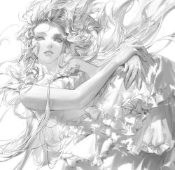 Rule 34 | 1girl, bare shoulders, dress, expressionless, floating hair, frills, greyscale, highres, jewelry, lips, long hair, looking at viewer, monochrome, nostrils, original, parted lips, simple background, solo, teeth, very long hair, vlfdus 0, white background
