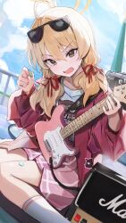 Rule 34 | 1girl, ahoge, amplifier, blanc (whit blanc), blonde hair, blue archive, blush, cable, electric guitar, eyewear on head, fang, fender stratocaster, guitar, hair ribbon, halo, highres, holding, holding instrument, holding plectrum, instrument, jacket, looking at viewer, marshall amplification, official alternate costume, pink skirt, plectrum, red jacket, ribbon, rooftop, school uniform, sitting, skirt, socks, solo, sunglasses, twintails, wariza, white socks, yoshimi (blue archive)