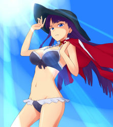 Rule 34 | 1girl, bikini, black bikini, black hat, blue eyes, blue sky, breasts, cleavage, collarbone, cowboy shot, day, earrings, fate/grand order, fate (series), floating hair, groin, hat, holding, holding clothes, holding jacket, jack-barro, jacket, jewelry, large breasts, long hair, martha (fate), martha (swimsuit ruler) (fate), martha (swimsuit ruler) (second ascension) (fate), navel, necklace, parted lips, purple hair, sideboob, sky, solo, standing, sun, sun hat, sunlight, swimsuit, unworn jacket, very long hair