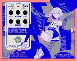 Rule 34 | 1girl, abstract background, alt text, bare shoulders, blue background, blue eyes, blue hair, blue nails, blue sash, blue sleeves, blue theme, blue thighhighs, border, buttons, closed mouth, clothes writing, detached sleeves, dress, effects pedal, electro-harmonix, full body, grey background, hand in own hair, hand up, high collar, highres, light blue hair, long sleeves, looking at viewer, n o t a, nail polish, original, outside border, personification, print sleeves, red border, red pupils, sash, shoes, short dress, sitting, sleeveless, sleeveless dress, sneakers, solo, thighhighs, two-tone background, zipper pull tab