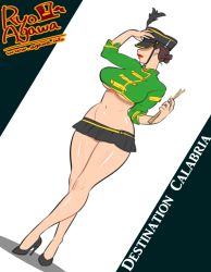 Rule 34 | 1girl, agawa ryou, artist name, band uniform, breasts, brown hair, destination calabria, drumsticks, dutch angle, female focus, groin, hair bun, hat, high heels, holding, large breasts, lips, lipstick, makeup, midriff, miniskirt, navel, no eyes, no panties, red lips, shirt, shoes, short hair, simple background, single hair bun, skirt, solo, standing, underboob, watermark, web address, white background, wide hips