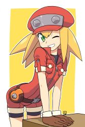 Rule 34 | 1girl, bike shorts, bike shorts under shorts, black shorts, blonde hair, brown gloves, cabbie hat, commentary request, full-length zipper, gloves, green eyes, grin, hair between eyes, hat, head tilt, highres, jumpsuit, leaning forward, long hair, mega man (series), mega man legends (series), muu (mumumer), one eye closed, outline, red hat, red jumpsuit, roll caskett (mega man), short jumpsuit, short shorts, shorts, smile, solo, two-tone background, white background, white outline, yellow background, zipper