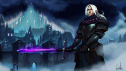 Rule 34 | 1boy, armor, breastplate, closed mouth, distr, highres, holding, holding sword, holding weapon, knight, long hair, looking at viewer, male focus, negative space, night, night sky, original, outdoors, pointy ears, purple hair, signature, sky, solo, standing, sword, two-handed, waist cape, weapon, white hair
