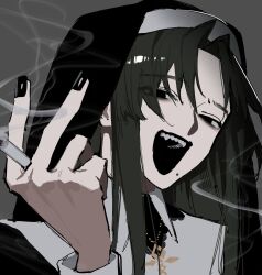 Rule 34 | 1girl, absurdres, black hair, black nails, cigarette, grey background, habit, highres, holding, holding cigarette, long hair, mole, mole under mouth, nun, open mouth, original, shadow, simple background, smile, smoke, solo, traditional nun, yomiya sateko