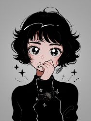 Rule 34 | 1girl, black eyes, black hair, black sweater, grey background, hand up, highres, kisaragi yuu (fallen sky), long sleeves, looking at viewer, maven, mole, mole under mouth, original, short hair, signature, simple background, solo, sweater, watch, wristwatch