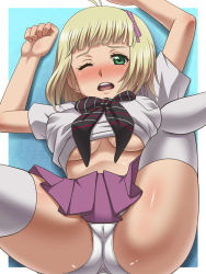 Rule 34 | 1girl, ao no exorcist, arms up, ass, awa, blonde hair, blue background, blush, bow, bowtie, breasts, cameltoe, clothes lift, green eyes, hair bow, hair ribbon, highres, large breasts, legs up, looking at viewer, lying, moriyama shiemi, on back, one eye closed, panties, pleated skirt, ribbon, school uniform, shirt lift, short hair, skirt, skirt lift, solo, spread legs, thighhighs, underboob, underwear, upskirt, white panties, white thighhighs, wince