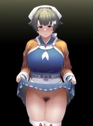 Rule 34 | 1girl, absurdres, black hair, blue sailor collar, blush, breasts, clothes lift, cowboy shot, female pubic hair, gradient background, hair flaps, hair ornament, highres, jingei (kancolle), kantai collection, large breasts, lifted by self, long sleeves, neckerchief, no panties, pubic hair, red eyes, sailor collar, short hair, skindentation, solo, takaman (gaffe), thighhighs, white neckerchief, white thighhighs