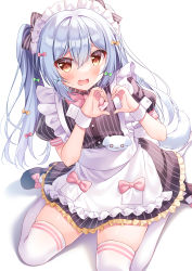 Rule 34 | 1boy, absurdres, alternate costume, apron, blue hair, blush, bow, dog tail, dress, enmaided, hair bow, heart, heart hands, highres, inuyama tamaki, long hair, maid, maid headdress, male focus, noripro, shiono (0303), side ponytail, simple background, sitting, skindentation, smile, solo, striped clothes, striped dress, sweatdrop, tail, thighhighs, trap, virtual youtuber, wariza, white background, wrist cuffs, yellow eyes