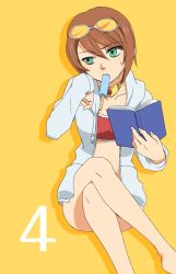Rule 34 | 00s, 1girl, bikini, book, brown hair, celestial s, choker, countdown, crossed legs, eyewear on head, food, food in mouth, head rest, jacket, mouth hold, official alternate costume, open clothes, open jacket, pii (celestial songs), popsicle, rita mordio, short hair, sitting, solo, sunglasses, swimsuit, tales of (series), tales of vesperia, tinted eyewear, yellow-tinted eyewear, yellow background