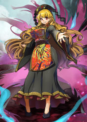 Rule 34 | 1girl, :d, black dress, blonde hair, blush, breasts, chinese clothes, dress, female focus, hat, headwear request, high heels, junko (touhou), large breasts, long hair, long sleeves, looking at viewer, open mouth, outstretched arms, parted lips, reaching, red eyes, ribbon, sash, smile, solo, standing, tabard, touhou, umigarasu (kitsune1963), very long hair, wide hips, wide sleeves