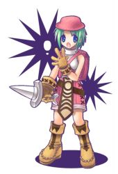 Rule 34 | 1girl, armor, blue eyes, boobplate, boots, breastplate, brown footwear, brown gloves, commentary request, dagger, full body, gloves, green hair, hat, holding, holding dagger, holding knife, holding weapon, knife, looking at viewer, novice (ragnarok online), open mouth, pink hat, pink shorts, ragnarok online, sakakura (sariri), shirt, shorts, simple background, sleeveless, sleeveless shirt, solo, standing, weapon, white background