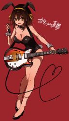 Rule 34 | 1girl, absurdres, animal ears, bad id, bad pixiv id, bare shoulders, bow, bowtie, breasts, brown eyes, brown hair, cleavage, collar, detached collar, electric guitar, fake animal ears, guitar, hairband, highres, instrument, italia mondial, leaning forward, leotard, looking at viewer, microphone, open mouth, playboy bunny, rabbit ears, rabbit tail, red background, sezo (shizuku), simple background, smile, solo, suzumiya haruhi, suzumiya haruhi no yuuutsu, tail, wrist cuffs