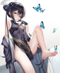 Rule 34 | 1girl, absurdres, bare legs, barefoot, black dress, black gloves, black hair, blue archive, blue butterfly, breasts, bug, butterfly, butterfly hair ornament, china dress, chinese clothes, closed mouth, covered navel, double bun, dress, gloves, grey eyes, hair bun, hair ornament, halo, hand up, highres, iino (isnyong), insect, kisaki (blue archive), leg up, long hair, pelvic curtain, short dress, side slit, sitting, small breasts, soles, solo, thighs, twintails, very long hair