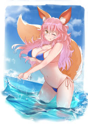 Rule 34 | 1girl, absurdres, aluka arc02, animal ear fluff, animal ears, bikini, blue bikini, blue sky, blush, breasts, cleavage, cloud, cloudy sky, collarbone, commentary, commentary request, day, fate/grand order, fate (series), fox ears, fox girl, fox tail, highres, horizon, large breasts, long hair, looking at viewer, navel, ocean, one eye closed, outdoors, pink hair, side-tie bikini bottom, sky, solo, swimsuit, tail, tamamo (fate), tamamo no mae (fate/extra), tamamo no mae (swimsuit lancer) (fate), tongue, water, yellow eyes