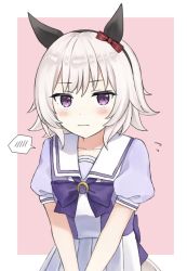 Rule 34 | 1girl, amasaki333, animal ears, bad id, bad pixiv id, blush, bow, bowtie, closed mouth, curren chan (umamusume), flying sweatdrops, grey hair, hairband, horse ears, horse girl, horse tail, looking at viewer, puffy short sleeves, puffy sleeves, purple bow, purple bowtie, purple eyes, sailor collar, school uniform, short sleeves, skirt, solo, spoken blush, tail, tracen school uniform, umamusume, upper body, v arms, white skirt