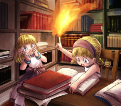 Rule 34 | 2girls, aged down, arm up, blonde hair, blunt bangs, book, bookshelf, bracelet, braid, child, desk, dragon quest, dragon quest xi, dress, fire, hairband, hands up, highres, indoors, jewelry, magic, multiple girls, open mouth, purple eyes, reading, senya (dq11), short hair, short twintails, sitting, sleeveless, sleeveless dress, surprised, texture, twin braids, twintails, veronica (dq11)