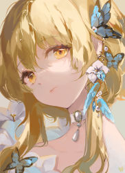 Rule 34 | 1girl, blonde hair, blue butterfly, bug, butterfly, butterfly hair ornament, choker, collarbone, dress, flower, genshin impact, gradient background, grey background, hair flower, hair ornament, head tilt, hyatsu, insect, jewelry, long hair, looking at viewer, lumine (genshin impact), parted lips, portrait, slight frown, solo, strapless, strapless dress, water drop, white choker, white dress, white flower, yellow background, yellow eyes