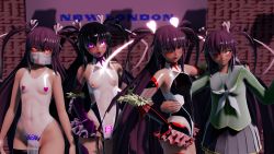 Rule 34 | 3d, 4girls, alternate hair color, artist request, black gloves, blush, bodysuit, breasts, brown hair, cameltoe, corruption, curvy, dancer, dancing, dark-skinned female, dark skin, elbow gloves, female focus, gloves, hair ribbon, highres, leotard, long hair, looking at viewer, mask, mizuki yukikaze, multiple girls, multiple persona, nipples, red eyes, revealing clothes, ribbon, shiny skin, simple background, skirt, small breasts, taimanin (series), taimanin yukikaze, thighhighs, thighs, thong, tongue, tongue out, twintails, upper body, very long hair
