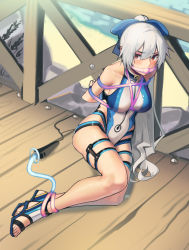 Rule 34 | 1girl, absurdres, arms behind back, bare shoulders, bdsm, blue bow, blue one-piece swimsuit, bondage, bound, bow, breasts, competition swimsuit, fate/grand order, fate (series), gag, gagged, hair between eyes, hair bow, highleg, highleg swimsuit, highres, improvised gag, kaddo, large breasts, legs, long hair, looking at viewer, one-piece swimsuit, ponytail, red eyes, restrained, sandals, silver hair, solo, swimsuit, thigh strap, tomoe gozen (fate), tomoe gozen (swimsuit saber) (fate), tomoe gozen (swimsuit saber) (first ascension) (fate), two-tone swimsuit, white one-piece swimsuit