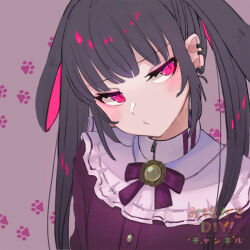 Rule 34 | 1girl, animal ears, bad source, black hair, blush, bow, brooch, collared dress, dress, ear piercing, highres, jewelry, koichi makoto, looking to the side, lop rabbit ears, original, paw print, paw print background, piercing, pink eyes, pout, purple bow, purple dress, rabbit ears, sidelocks, slit pupils, solo, twintails, upper body