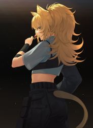 Rule 34 | 1girl, absurdres, arknights, asymmetrical sleeves, black background, black pants, blonde hair, candy, commentary, cowboy shot, crop top, eza (yowza), food, grey shirt, hand up, highres, holding, holding food, lion tail, lollipop, long hair, looking at viewer, midriff, official alternate costume, pants, parted lips, ponytail, shirt, siege (arknights), siege (city destroyer) (arknights), solo, standing, tail, wristband, yellow eyes