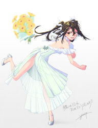 Rule 34 | 1girl, alternate costume, bare shoulders, brown hair, dress, flower, full body, grey background, high heels, highres, kantai collection, medium hair, off-shoulder dress, off shoulder, open mouth, signature, simple background, smile, solo, teeth, text background, tone (kancolle), translation request, twintails, wedding dress, white dress, white footwear, yami (m31), yellow eyes