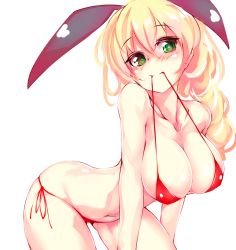 Rule 34 | 1girl, animal ears, arched back, balloon vine (flower knight girl), bikini, blonde hair, blush, breasts, collarbone, cowboy shot, flower knight girl, green eyes, large breasts, leaning forward, long hair, looking at viewer, mouth hold, rabbit ears, red bikini, shiny skin, side-tie bikini bottom, skindentation, smile, solo, swimsuit, takabow, white background