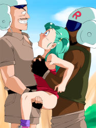 Rule 34 | 1girl, 2boys, age difference, alternate hairstyle, amedama akihito, anal, blue eyes, blush, bottomless, bulma, carrying, censored, cloud, dark-skinned male, dark skin, double penetration, dragon ball, eye contact, facial hair, forced, from side, gang rape, grabbing, grabbing another&#039;s breast, green hair, grin, group sex, hair bobbles, hair ornament, held up, interracial, looking at another, looking down, looking up, multiple boys, multiple penetration, mustache, old school academy, open mouth, outdoors, rape, reverse suspended congress, sandwiched, screaming, sex, sex from behind, short hair, side ponytail, size difference, sky, smile, socks, standing, standing double penetration, surprised, suspended congress, sweat, teeth, thigh grab, vaginal