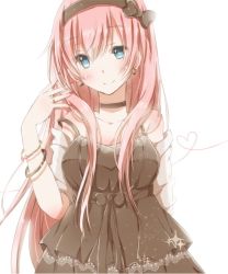 Rule 34 | 1girl, bare shoulders, blue eyes, bracelet, breasts, brown dress, choker, collarbone, dress, earrings, hair ribbon, hand in own hair, happy birthday, head tilt, heart, heart of string, hiro (hirohiro31), jewelry, large breasts, long hair, megurine luka, nail polish, off shoulder, pink hair, red nails, ribbon, ring, smile, solo, very long hair, vocaloid