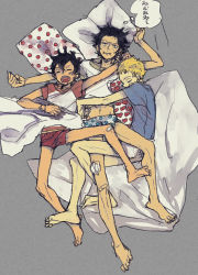 Rule 34 | 3boys, bandages, barefoot, bed sheet, black hair, blonde hair, boxers, brothers, freckles, injury, male focus, male underwear, monkey d. luffy, multiple boys, one piece, pillow, polka dot, portgas d. ace, sabo (one piece), shueisha, siblings, sleeping, translation request, underwear, aged down