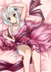 Rule 34 | 10s, 1girl, absurdres, bed, breasts, high school dxd, highres, looking at viewer, lying, official art, panties, small breasts, solo, toujou koneko, underwear, white hair, yellow eyes