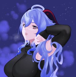Rule 34 | 1girl, ahoge, alternate costume, arm up, armpits, blue hair, breasts, commentary, detached sleeves, eushufeal, ganyu (genshin impact), genshin impact, highres, horns, large breasts, long hair, long sleeves, looking at viewer, parted lips, purple eyes, sleeveless, sleeveless turtleneck, solo, turtleneck, upper body, very long hair